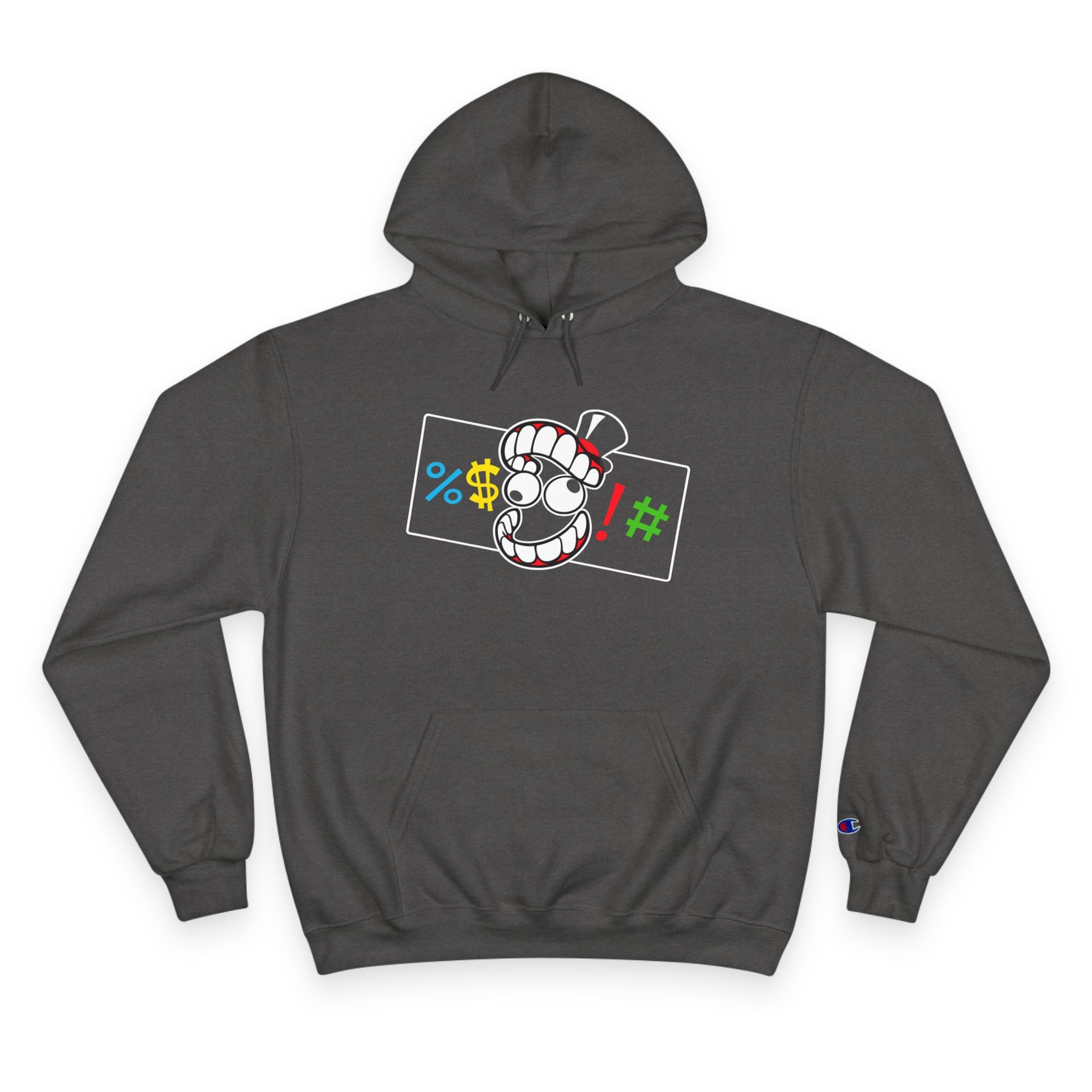 Champion Hoodie — Cartoon Teeth Graphic Hoodie with Colorful Symbols