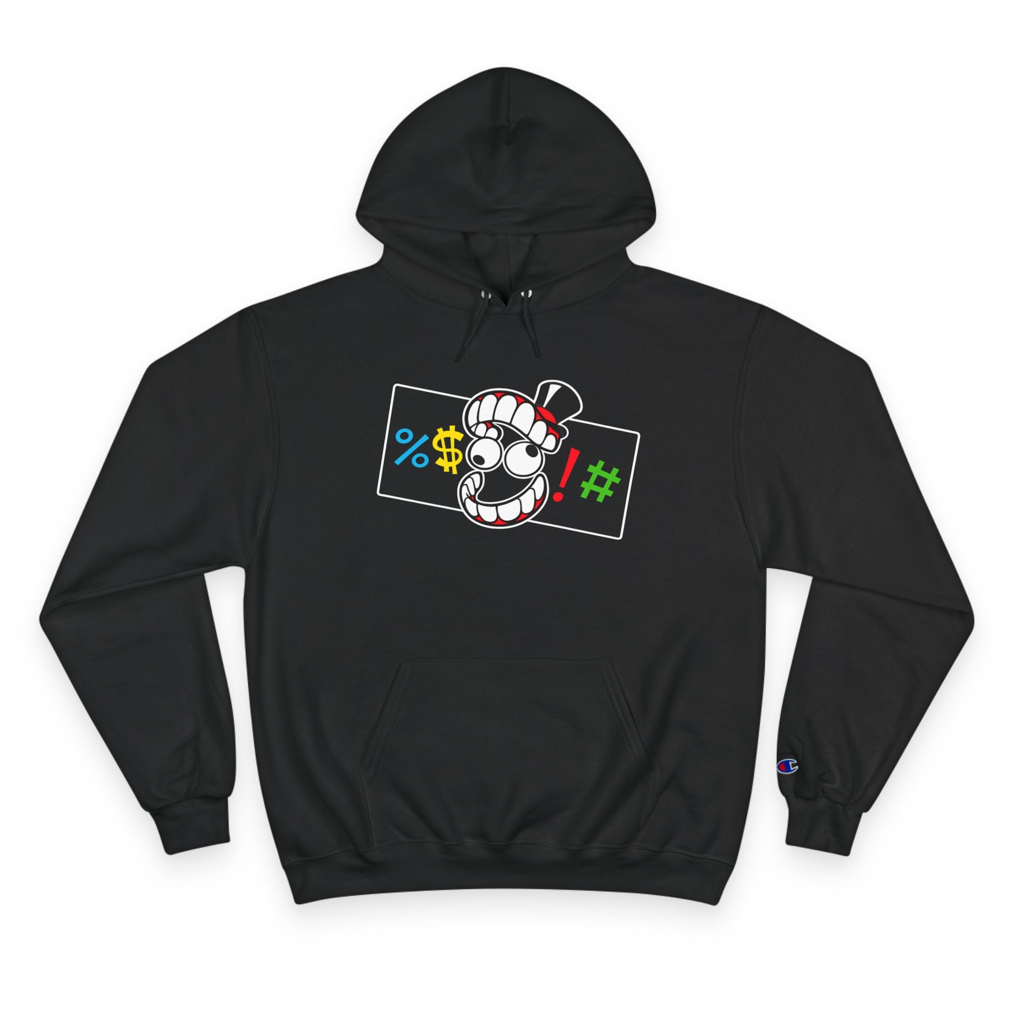 Champion Hoodie — Cartoon Teeth Graphic Hoodie with Colorful Symbols