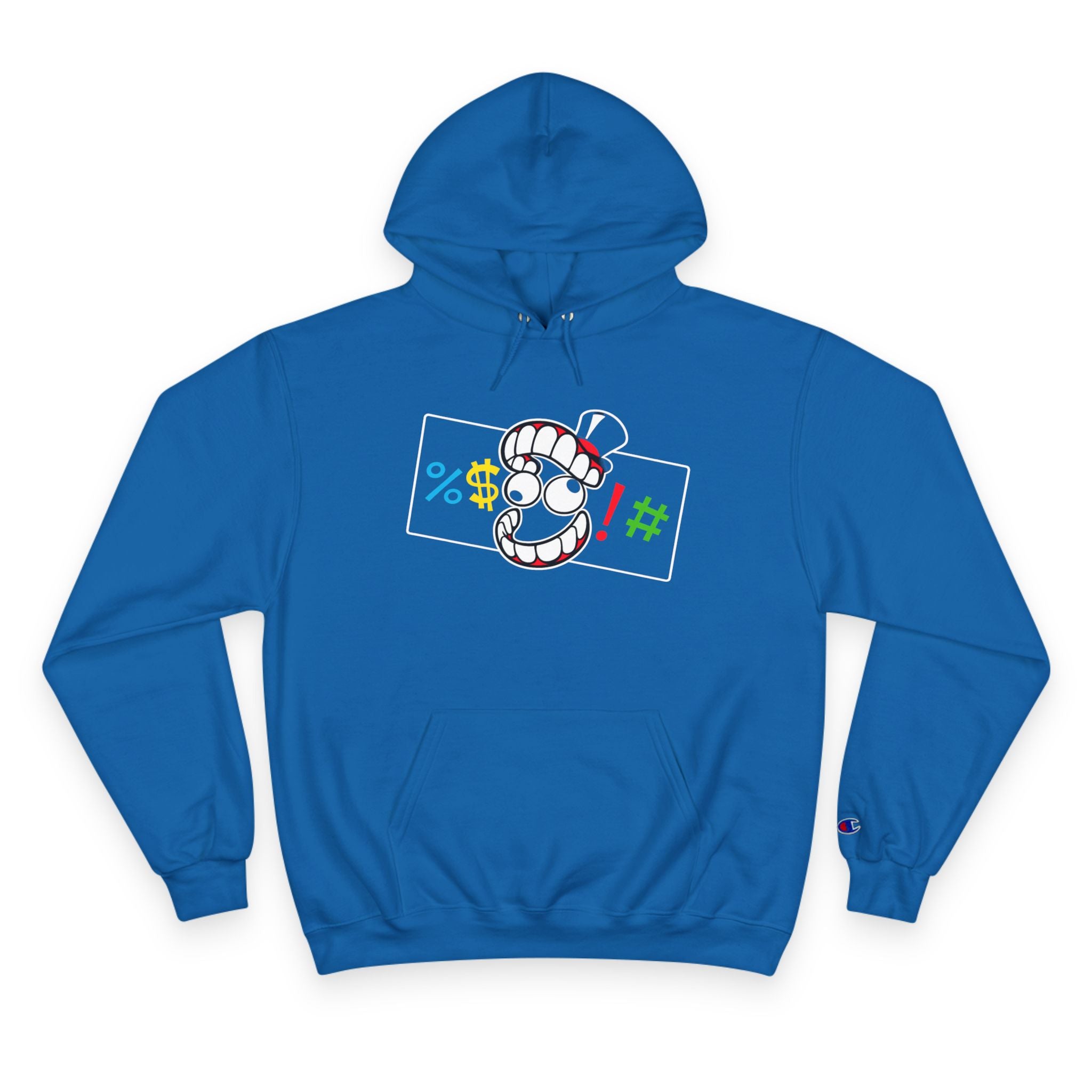 Champion Hoodie — Cartoon Teeth Graphic Hoodie with Colorful Symbols
