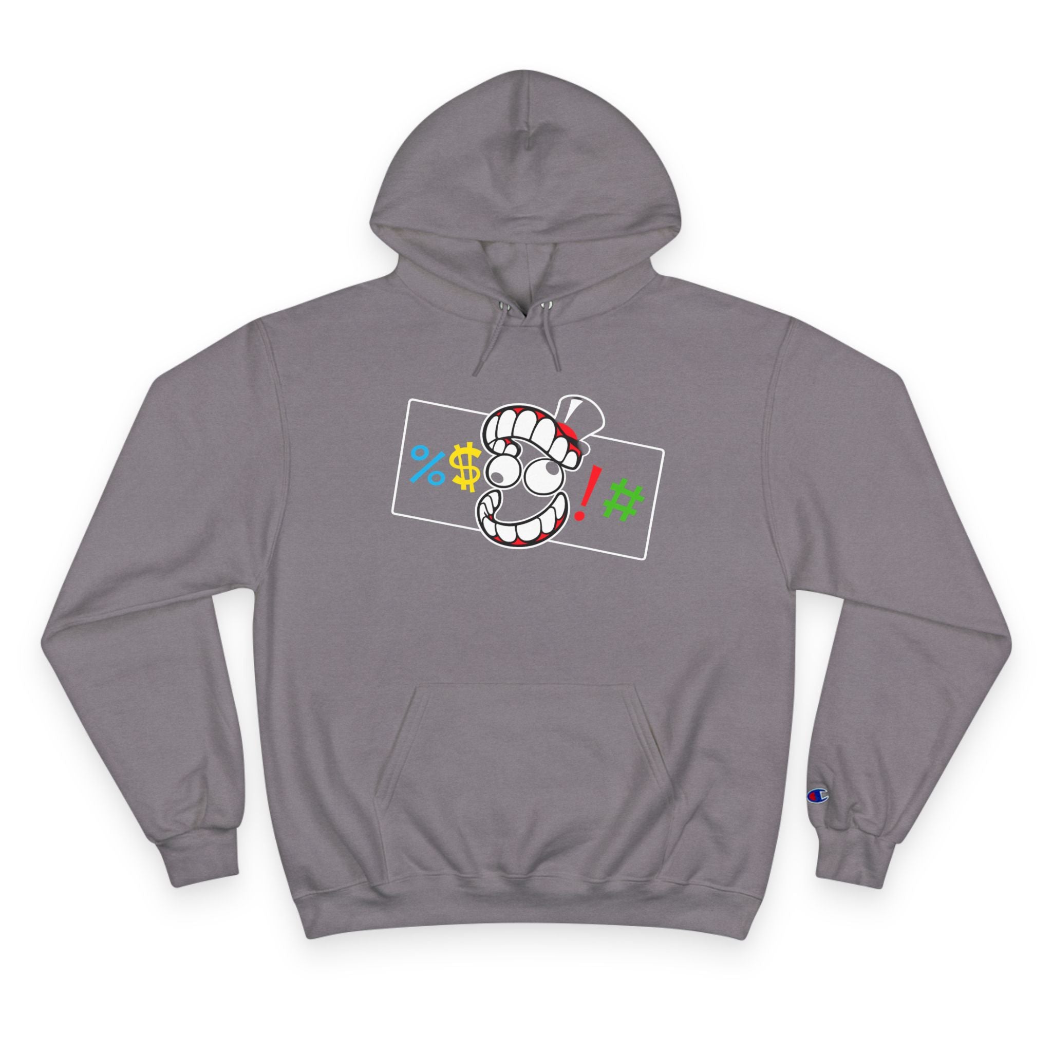 Champion Hoodie — Cartoon Teeth Graphic Hoodie with Colorful Symbols