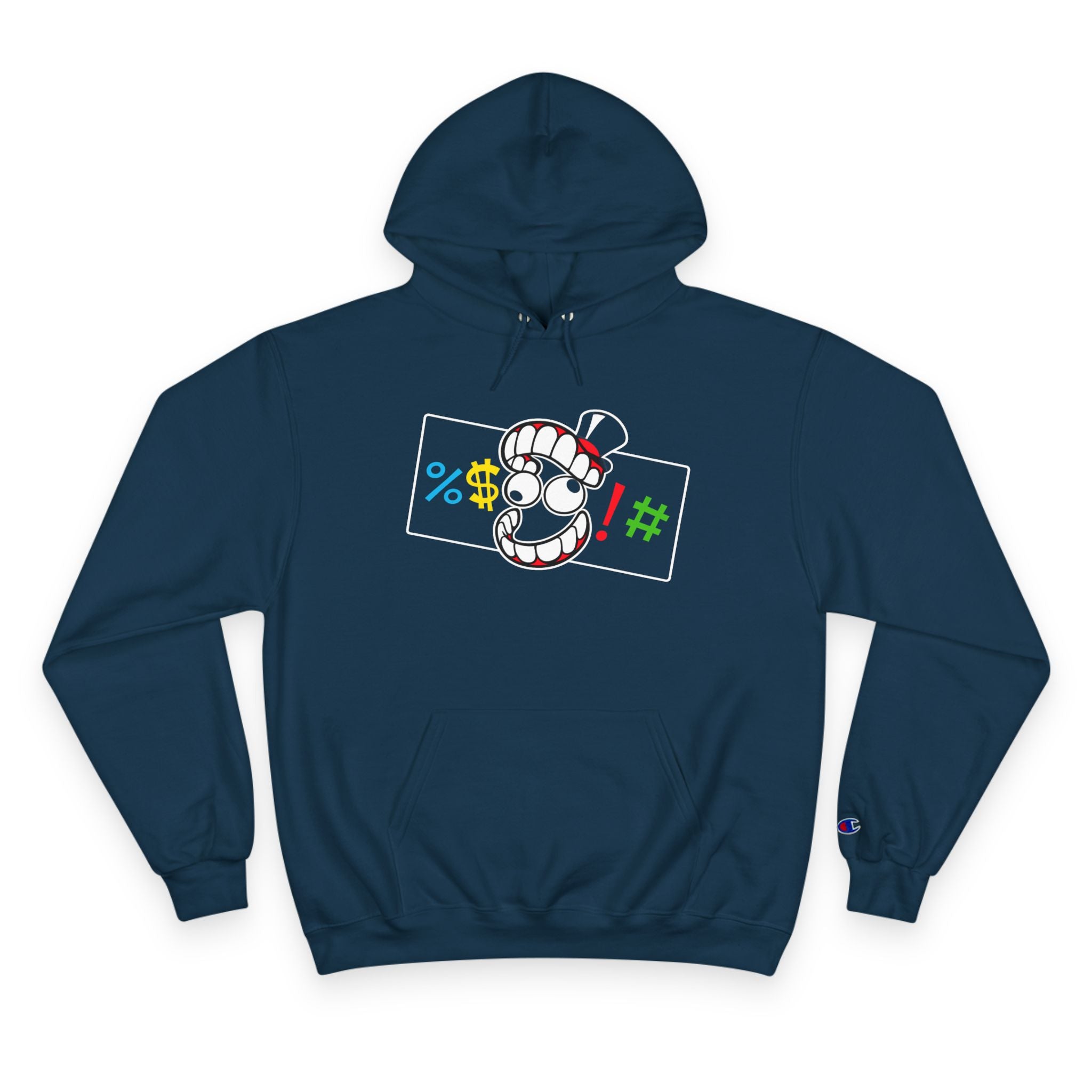 Champion Hoodie — Cartoon Teeth Graphic Hoodie with Colorful Symbols